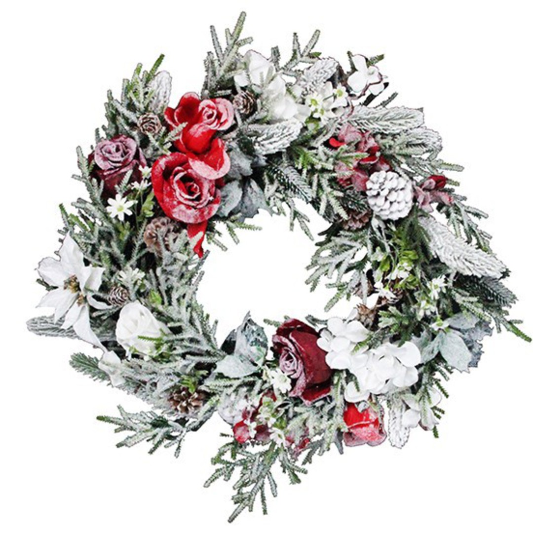 Snowy Fir Wreath with Red and White Flowers 45cm image 0